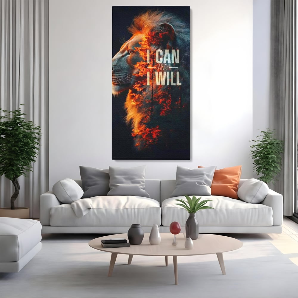 Tablou Canvas Premium, LuxCanva® Q1006, Nascut Sa Reuseasca, Vointa, Perseverenta, Ambitie, Leu, Rege, Foc, Curaj, Dominatie, Portret, Inspirational, Reusita, Forta, Birou, Dormitor