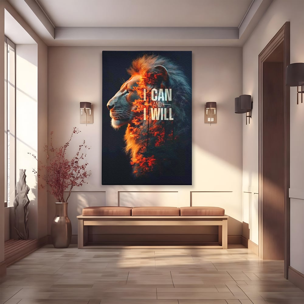 Tablou Canvas Premium, LuxCanva® Q1006, Nascut Sa Reuseasca, Vointa, Perseverenta, Ambitie, Leu, Rege, Foc, Curaj, Dominatie, Portret, Inspirational, Reusita, Forta, Birou, Dormitor