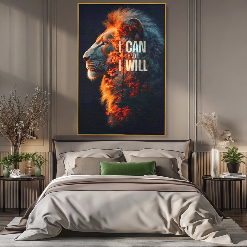 Tablou Canvas Premium, LuxCanva® Q1006, Nascut Sa Reuseasca, Vointa, Perseverenta, Ambitie, Leu, Rege, Foc, Curaj, Dominatie, Portret, Inspirational, Reusita, Forta, Birou, Dormitor