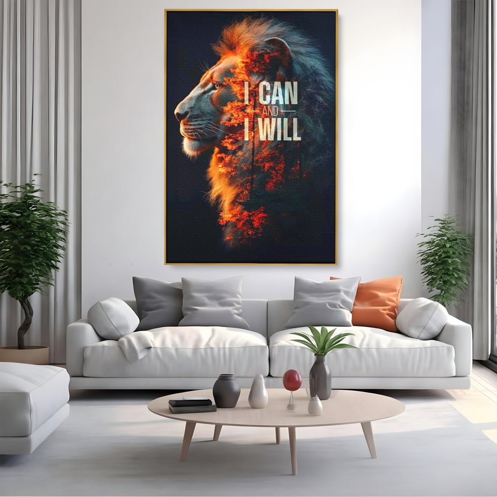 Tablou Canvas Premium, LuxCanva® Q1006, Nascut Sa Reuseasca, Vointa, Perseverenta, Ambitie, Leu, Rege, Foc, Curaj, Dominatie, Portret, Inspirational, Reusita, Forta, Birou, Dormitor