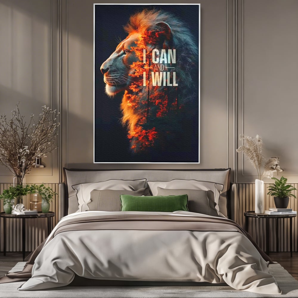 Tablou Canvas Premium, LuxCanva® Q1006, Nascut Sa Reuseasca, Vointa, Perseverenta, Ambitie, Leu, Rege, Foc, Curaj, Dominatie, Portret, Inspirational, Reusita, Forta, Birou, Dormitor