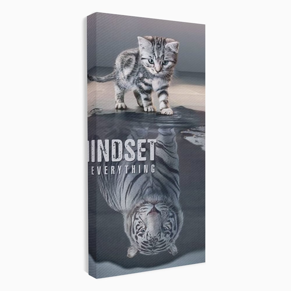 Tablou Canvas Premium, LuxCanva® Q1008, In Oglinda Mintii, Pisoi, Tigru, Reflectie, Oglinda, Crestere, Curaj, Devenire, Identitate, Pui, Apa, Privire, Psihologie, Simbolic, Felina, Birou, Dormitor