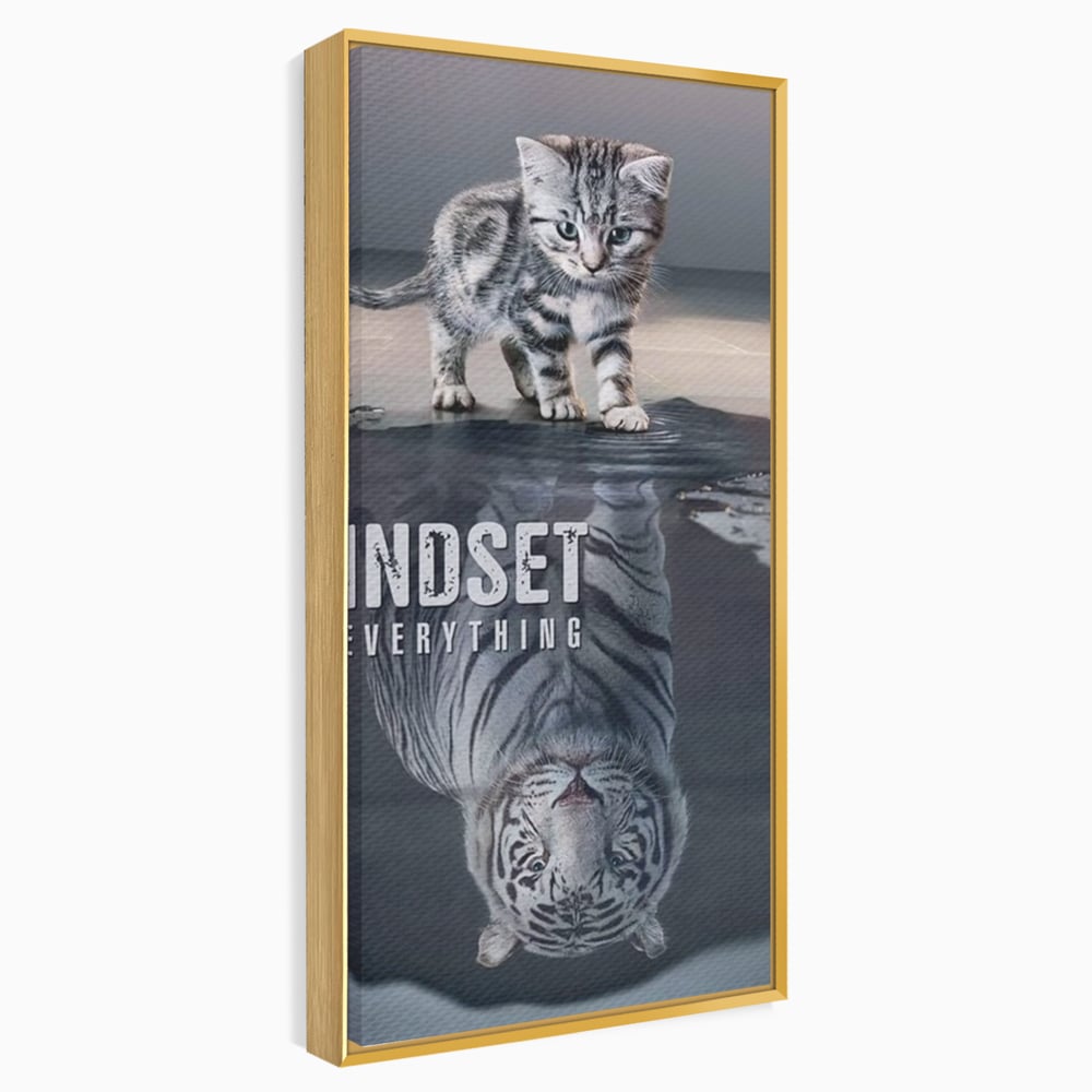Tablou Canvas Premium, LuxCanva® Q1008, In Oglinda Mintii, Pisoi, Tigru, Reflectie, Oglinda, Crestere, Curaj, Devenire, Identitate, Pui, Apa, Privire, Psihologie, Simbolic, Felina, Birou, Dormitor