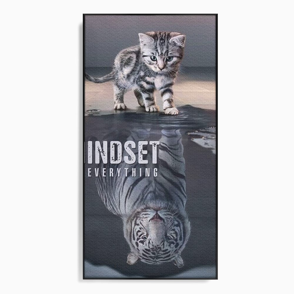 Tablou Canvas Premium, LuxCanva® Q1008, In Oglinda Mintii, Pisoi, Tigru, Reflectie, Oglinda, Crestere, Curaj, Devenire, Identitate, Pui, Apa, Privire, Psihologie, Simbolic, Felina, Birou, Dormitor