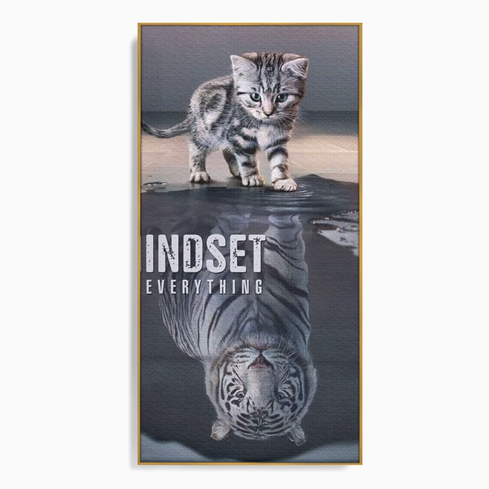 Tablou Canvas Premium, LuxCanva® Q1008, In Oglinda Mintii, Pisoi, Tigru, Reflectie, Oglinda, Crestere, Curaj, Devenire, Identitate, Pui, Apa, Privire, Psihologie, Simbolic, Felina, Birou, Dormitor