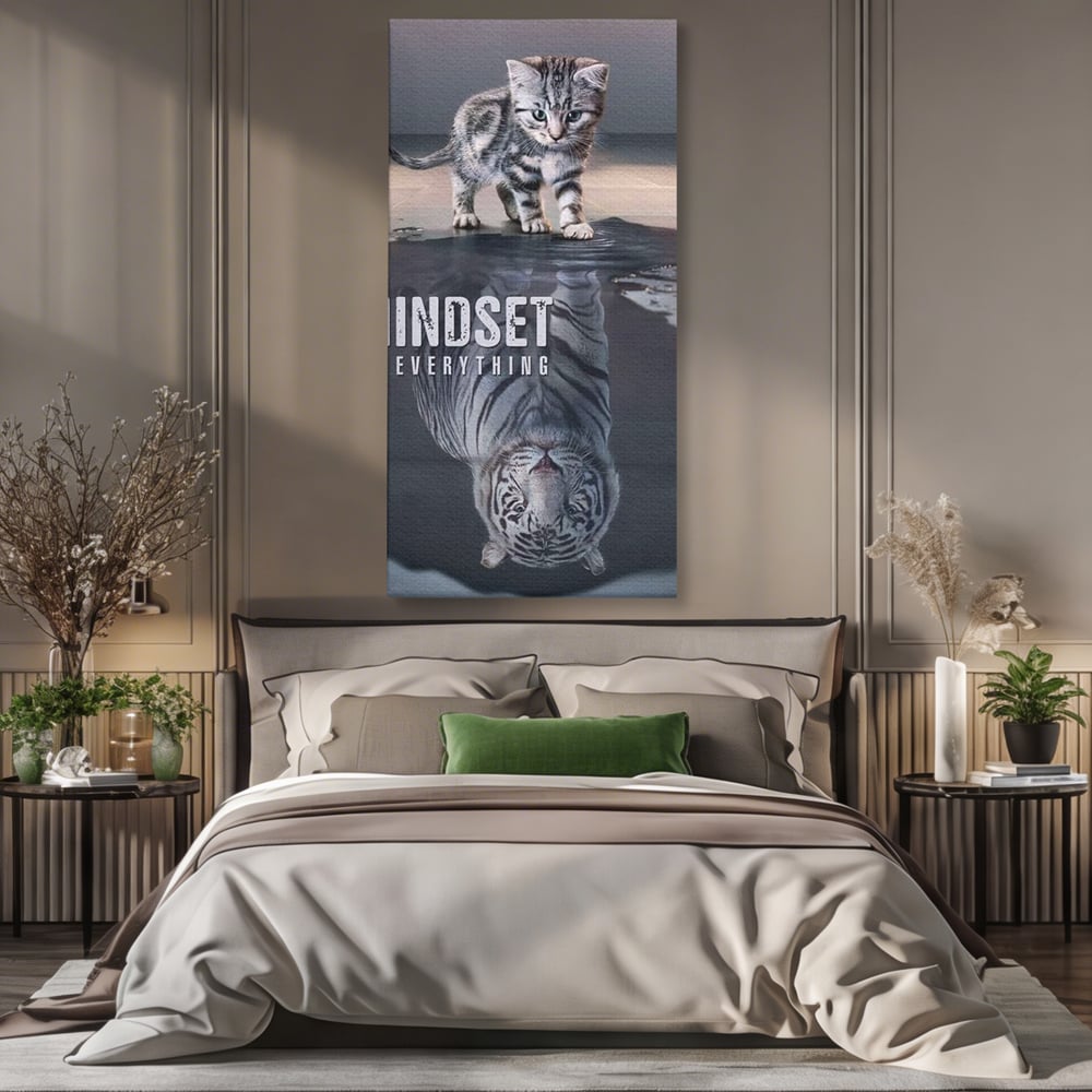 Tablou Canvas Premium, LuxCanva® Q1008, In Oglinda Mintii, Pisoi, Tigru, Reflectie, Oglinda, Crestere, Curaj, Devenire, Identitate, Pui, Apa, Privire, Psihologie, Simbolic, Felina, Birou, Dormitor