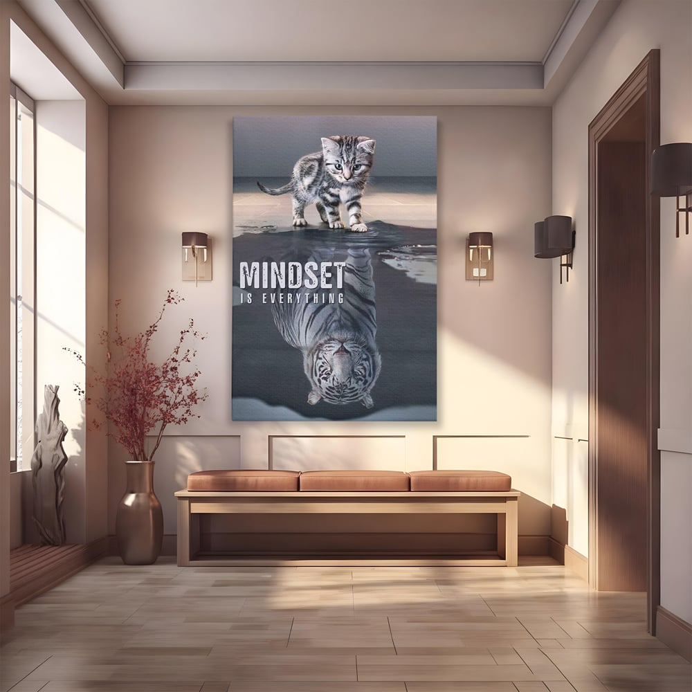 Tablou Canvas Premium, LuxCanva® Q1008, In Oglinda Mintii, Pisoi, Tigru, Reflectie, Oglinda, Crestere, Curaj, Devenire, Identitate, Pui, Apa, Privire, Psihologie, Simbolic, Felina, Birou, Dormitor