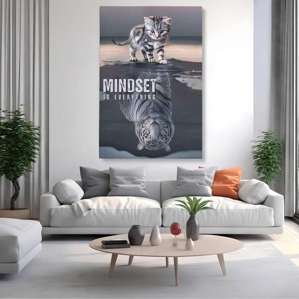Tablou Canvas Premium, LuxCanva® Q1008, In Oglinda Mintii, Pisoi, Tigru, Reflectie, Oglinda, Crestere, Curaj, Devenire, Identitate, Pui, Apa, Privire, Psihologie, Simbolic, Felina, Birou, Dormitor