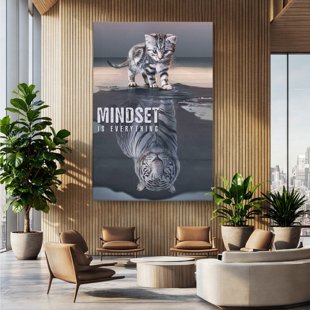 Tablou Canvas Premium, LuxCanva® Q1008, In Oglinda Mintii, Pisoi, Tigru, Reflectie, Oglinda, Crestere, Curaj, Devenire, Identitate, Pui, Apa, Privire, Psihologie, Simbolic, Felina, Birou, Dormitor
