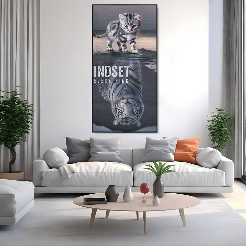 Tablou Canvas Premium, LuxCanva® Q1008, In Oglinda Mintii, Pisoi, Tigru, Reflectie, Oglinda, Crestere, Curaj, Devenire, Identitate, Pui, Apa, Privire, Psihologie, Simbolic, Felina, Birou, Dormitor