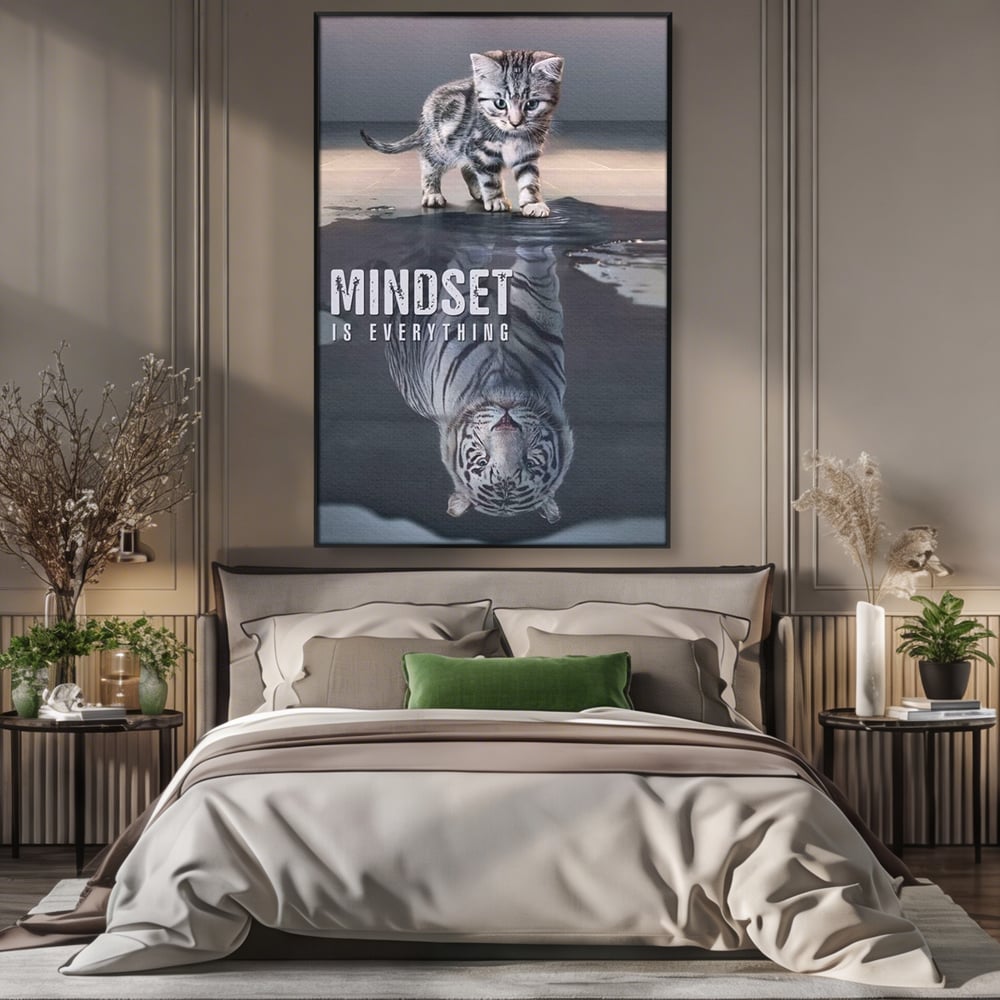 Tablou Canvas Premium, LuxCanva® Q1008, In Oglinda Mintii, Pisoi, Tigru, Reflectie, Oglinda, Crestere, Curaj, Devenire, Identitate, Pui, Apa, Privire, Psihologie, Simbolic, Felina, Birou, Dormitor