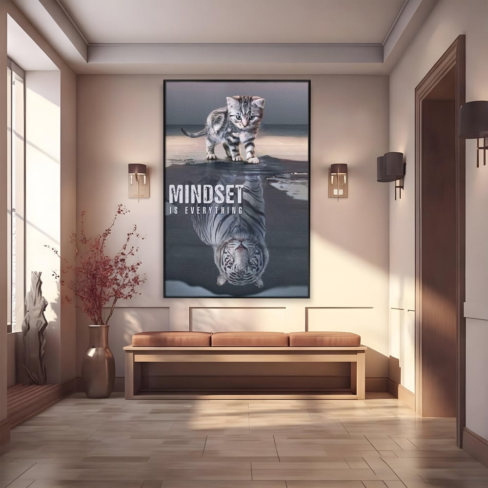 Tablou Canvas Premium, LuxCanva® Q1008, In Oglinda Mintii, Pisoi, Tigru, Reflectie, Oglinda, Crestere, Curaj, Devenire, Identitate, Pui, Apa, Privire, Psihologie, Simbolic, Felina, Birou, Dormitor