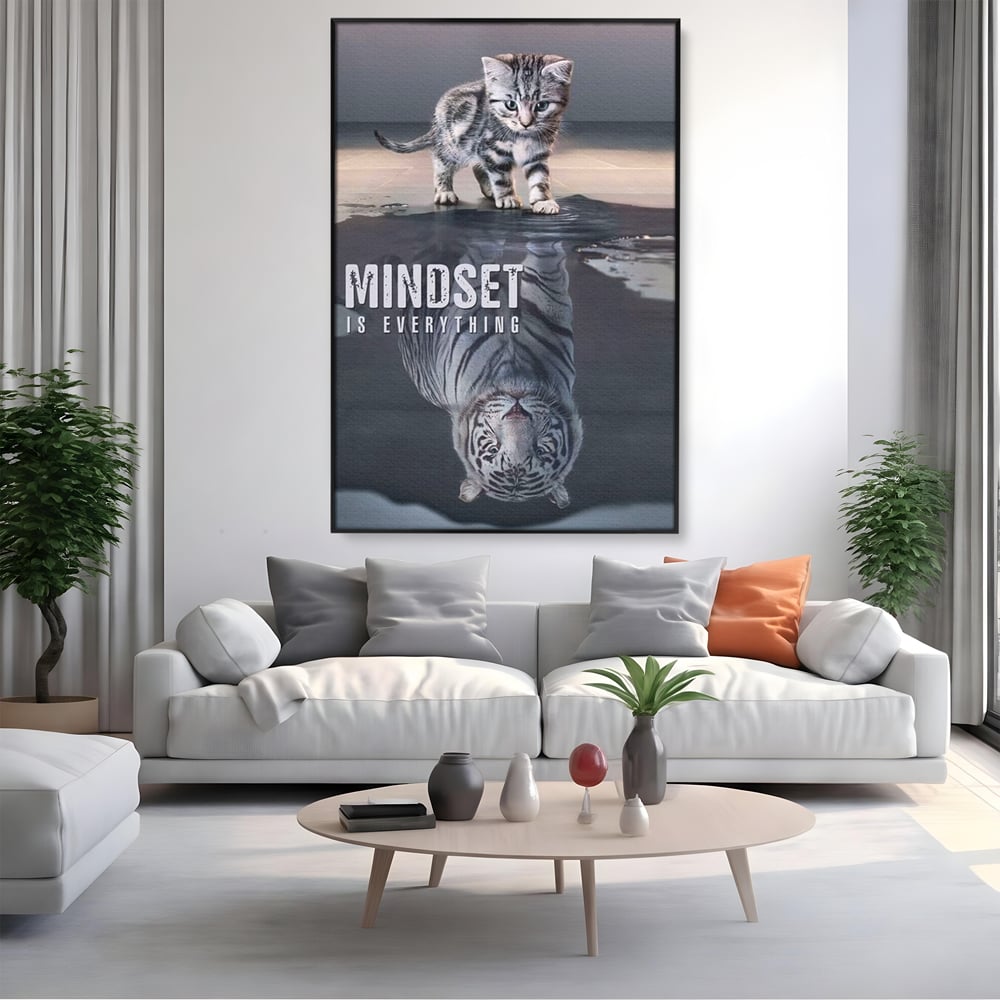 Tablou Canvas Premium, LuxCanva® Q1008, In Oglinda Mintii, Pisoi, Tigru, Reflectie, Oglinda, Crestere, Curaj, Devenire, Identitate, Pui, Apa, Privire, Psihologie, Simbolic, Felina, Birou, Dormitor