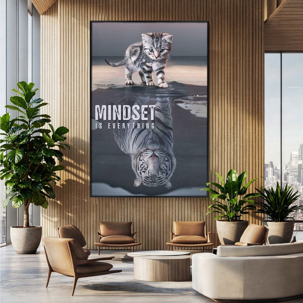 Tablou Canvas Premium, LuxCanva® Q1008, In Oglinda Mintii, Pisoi, Tigru, Reflectie, Oglinda, Crestere, Curaj, Devenire, Identitate, Pui, Apa, Privire, Psihologie, Simbolic, Felina, Birou, Dormitor