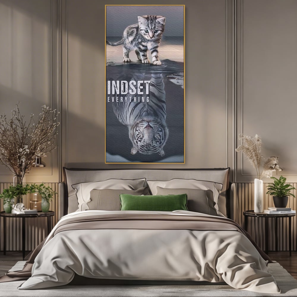 Tablou Canvas Premium, LuxCanva® Q1008, In Oglinda Mintii, Pisoi, Tigru, Reflectie, Oglinda, Crestere, Curaj, Devenire, Identitate, Pui, Apa, Privire, Psihologie, Simbolic, Felina, Birou, Dormitor