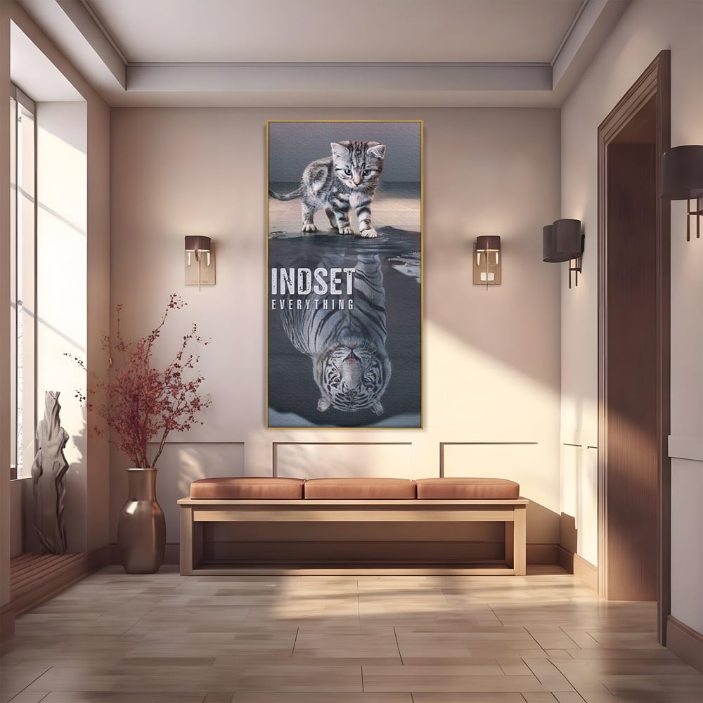 Tablou Canvas Premium, LuxCanva® Q1008, In Oglinda Mintii, Pisoi, Tigru, Reflectie, Oglinda, Crestere, Curaj, Devenire, Identitate, Pui, Apa, Privire, Psihologie, Simbolic, Felina, Birou, Dormitor