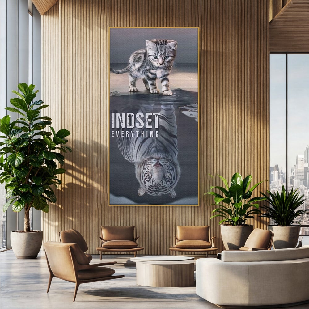 Tablou Canvas Premium, LuxCanva® Q1008, In Oglinda Mintii, Pisoi, Tigru, Reflectie, Oglinda, Crestere, Curaj, Devenire, Identitate, Pui, Apa, Privire, Psihologie, Simbolic, Felina, Birou, Dormitor