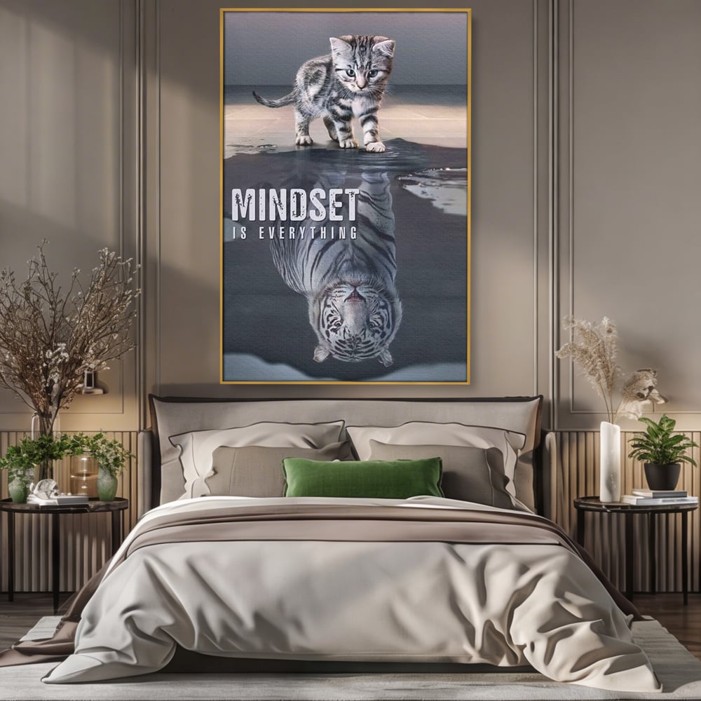 Tablou Canvas Premium, LuxCanva® Q1008, In Oglinda Mintii, Pisoi, Tigru, Reflectie, Oglinda, Crestere, Curaj, Devenire, Identitate, Pui, Apa, Privire, Psihologie, Simbolic, Felina, Birou, Dormitor