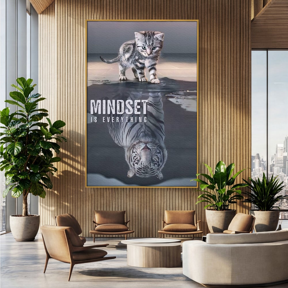 Tablou Canvas Premium, LuxCanva® Q1008, In Oglinda Mintii, Pisoi, Tigru, Reflectie, Oglinda, Crestere, Curaj, Devenire, Identitate, Pui, Apa, Privire, Psihologie, Simbolic, Felina, Birou, Dormitor