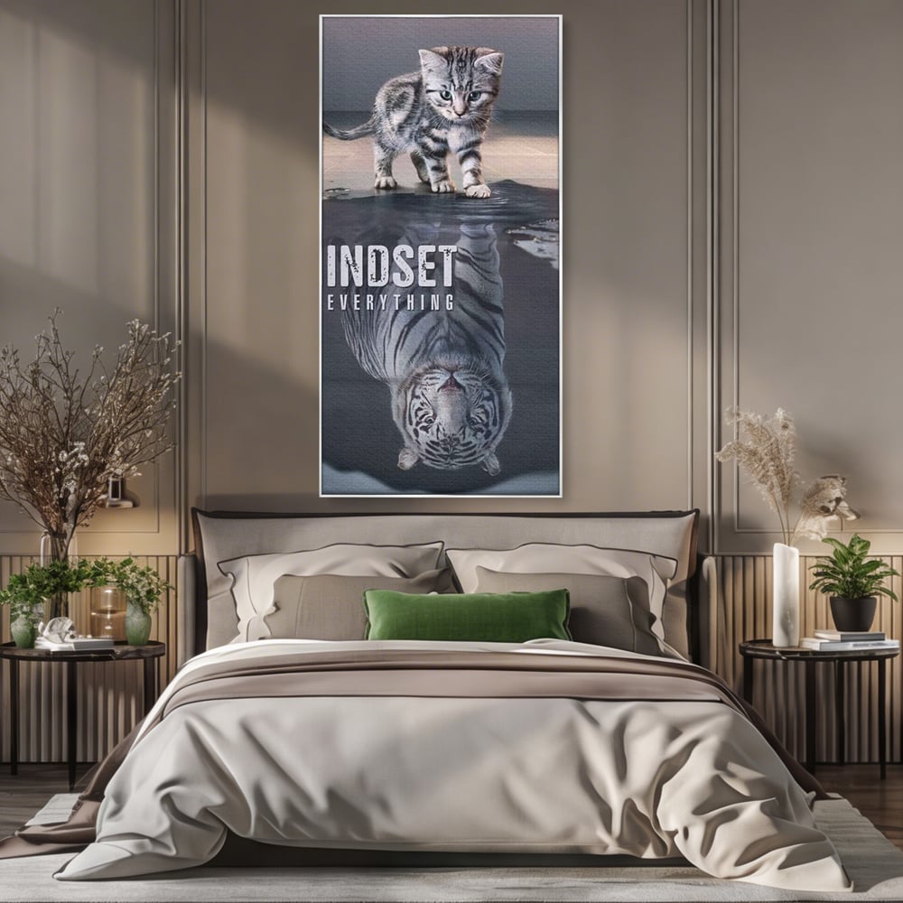 Tablou Canvas Premium, LuxCanva® Q1008, In Oglinda Mintii, Pisoi, Tigru, Reflectie, Oglinda, Crestere, Curaj, Devenire, Identitate, Pui, Apa, Privire, Psihologie, Simbolic, Felina, Birou, Dormitor