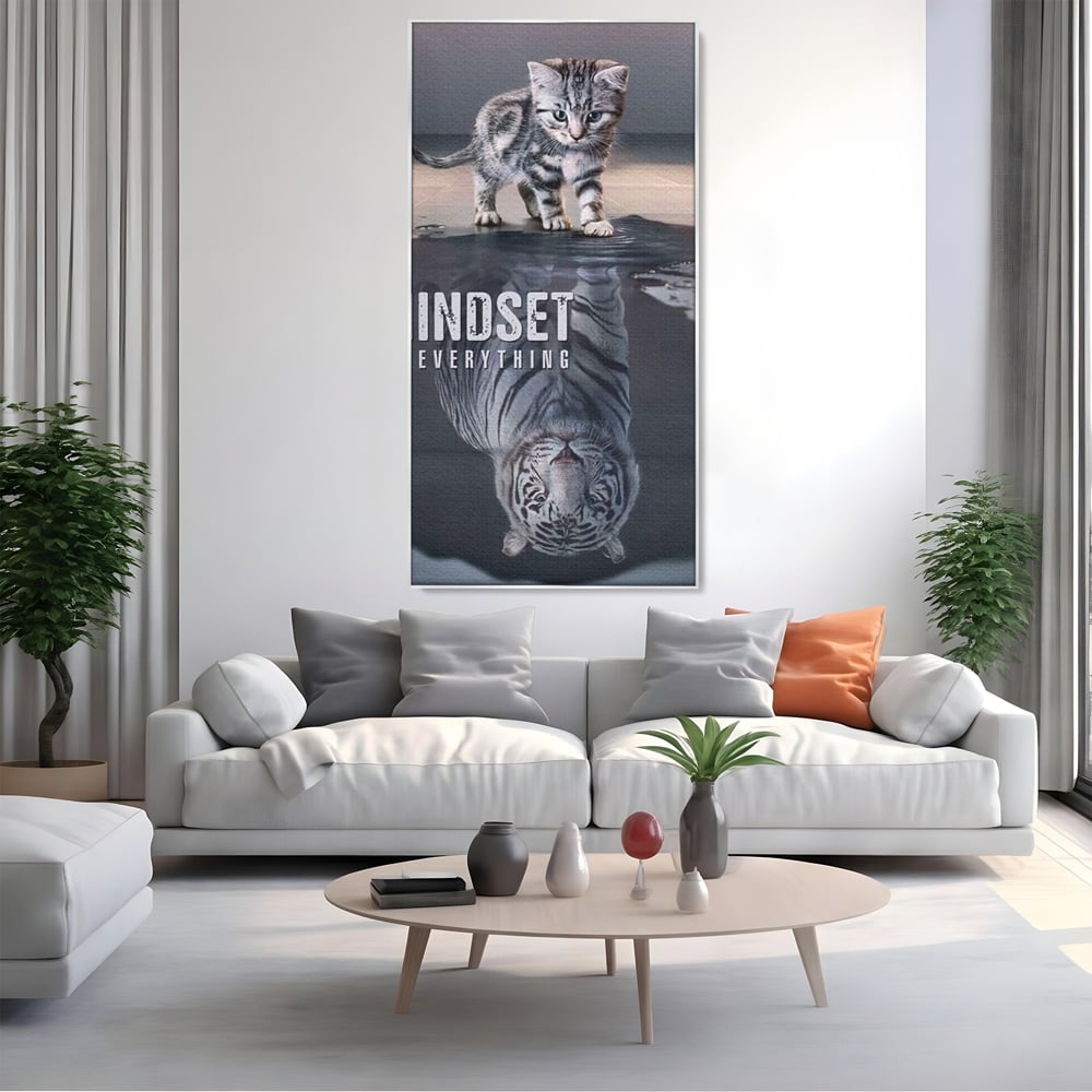 Tablou Canvas Premium, LuxCanva® Q1008, In Oglinda Mintii, Pisoi, Tigru, Reflectie, Oglinda, Crestere, Curaj, Devenire, Identitate, Pui, Apa, Privire, Psihologie, Simbolic, Felina, Birou, Dormitor