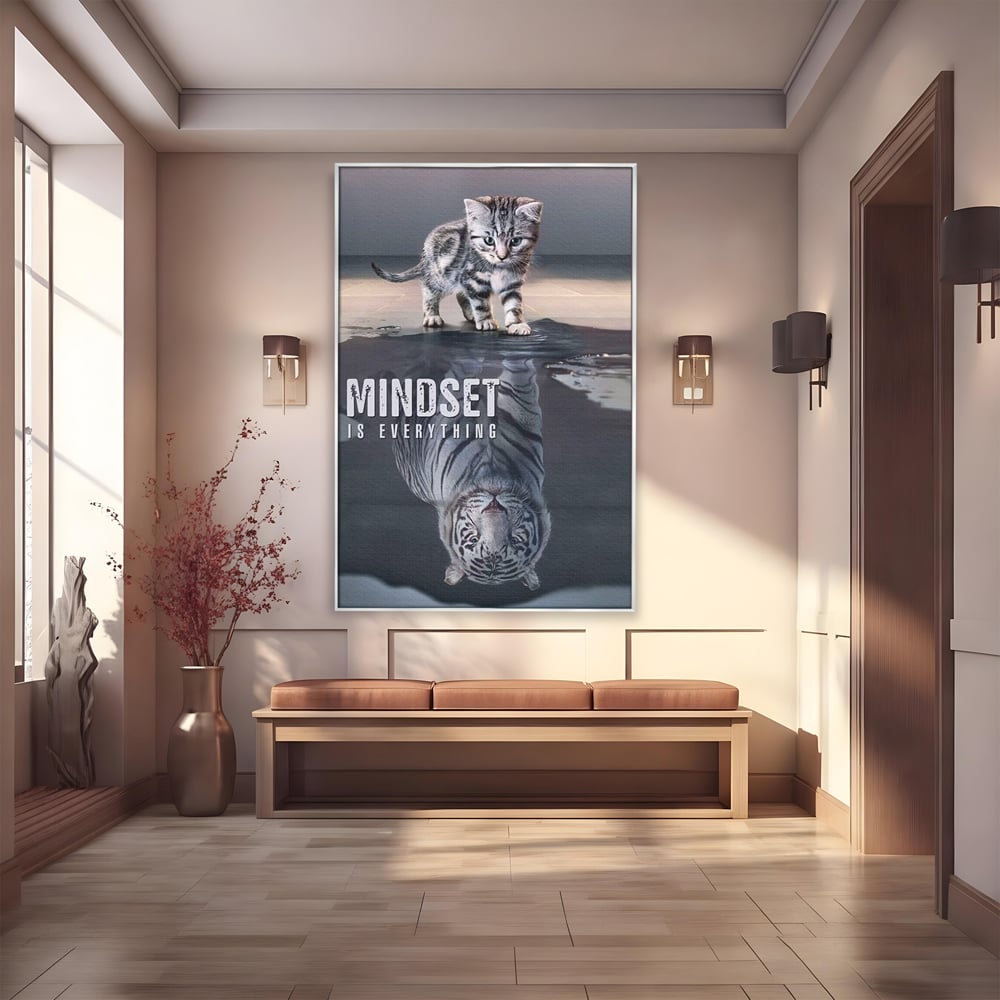 Tablou Canvas Premium, LuxCanva® Q1008, In Oglinda Mintii, Pisoi, Tigru, Reflectie, Oglinda, Crestere, Curaj, Devenire, Identitate, Pui, Apa, Privire, Psihologie, Simbolic, Felina, Birou, Dormitor