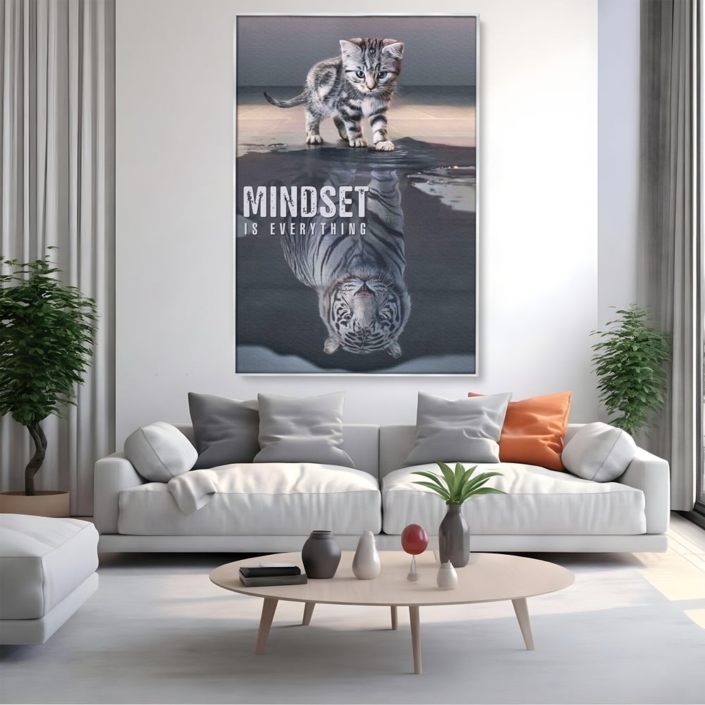 Tablou Canvas Premium, LuxCanva® Q1008, In Oglinda Mintii, Pisoi, Tigru, Reflectie, Oglinda, Crestere, Curaj, Devenire, Identitate, Pui, Apa, Privire, Psihologie, Simbolic, Felina, Birou, Dormitor