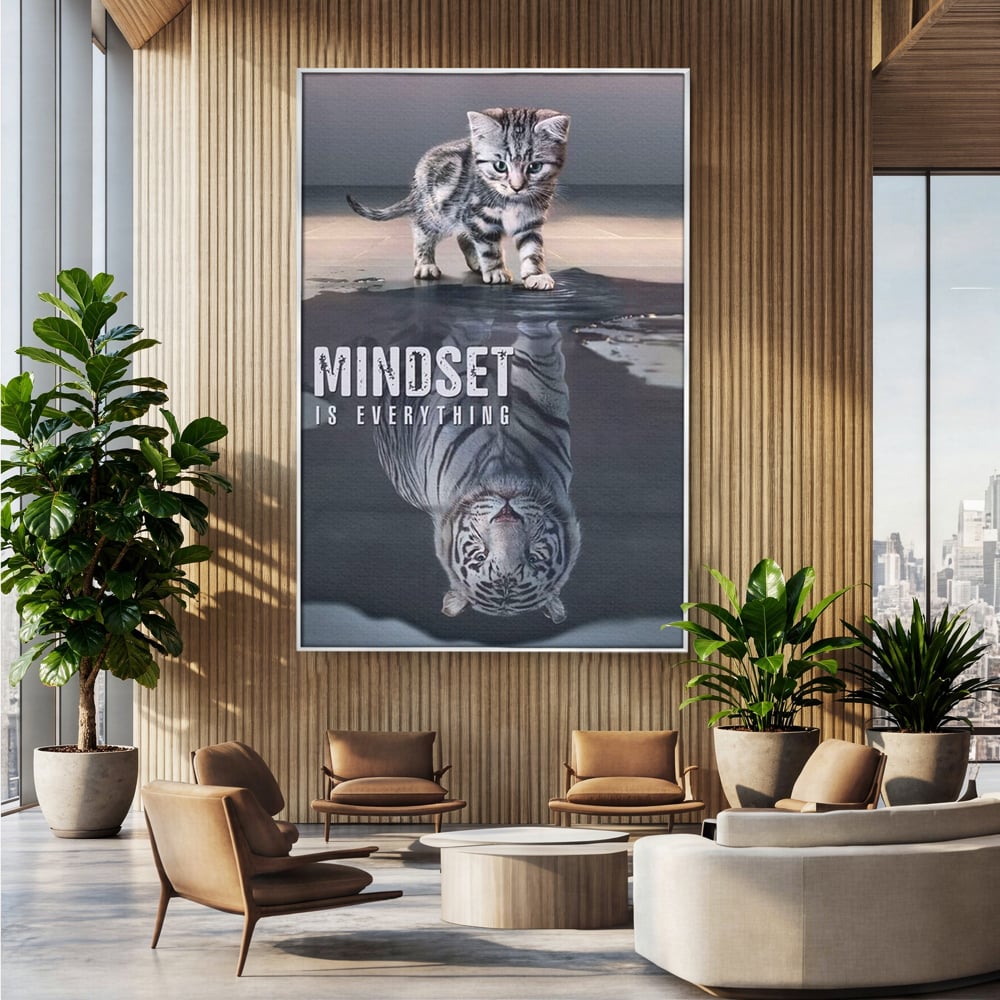 Tablou Canvas Premium, LuxCanva® Q1008, In Oglinda Mintii, Pisoi, Tigru, Reflectie, Oglinda, Crestere, Curaj, Devenire, Identitate, Pui, Apa, Privire, Psihologie, Simbolic, Felina, Birou, Dormitor