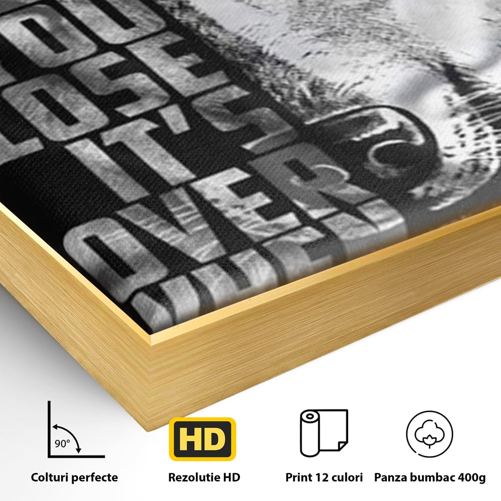 Tablou Canvas Premium, LuxCanva® Q1009, Lupta Continua,  Lup, Supravietuire, Instinct, Loialitate, Spirit, Salbatic, Portret, Alb, Negru, Privire, Chip, Sportivi, Vointa, Motivatie, Birou, Dormitor