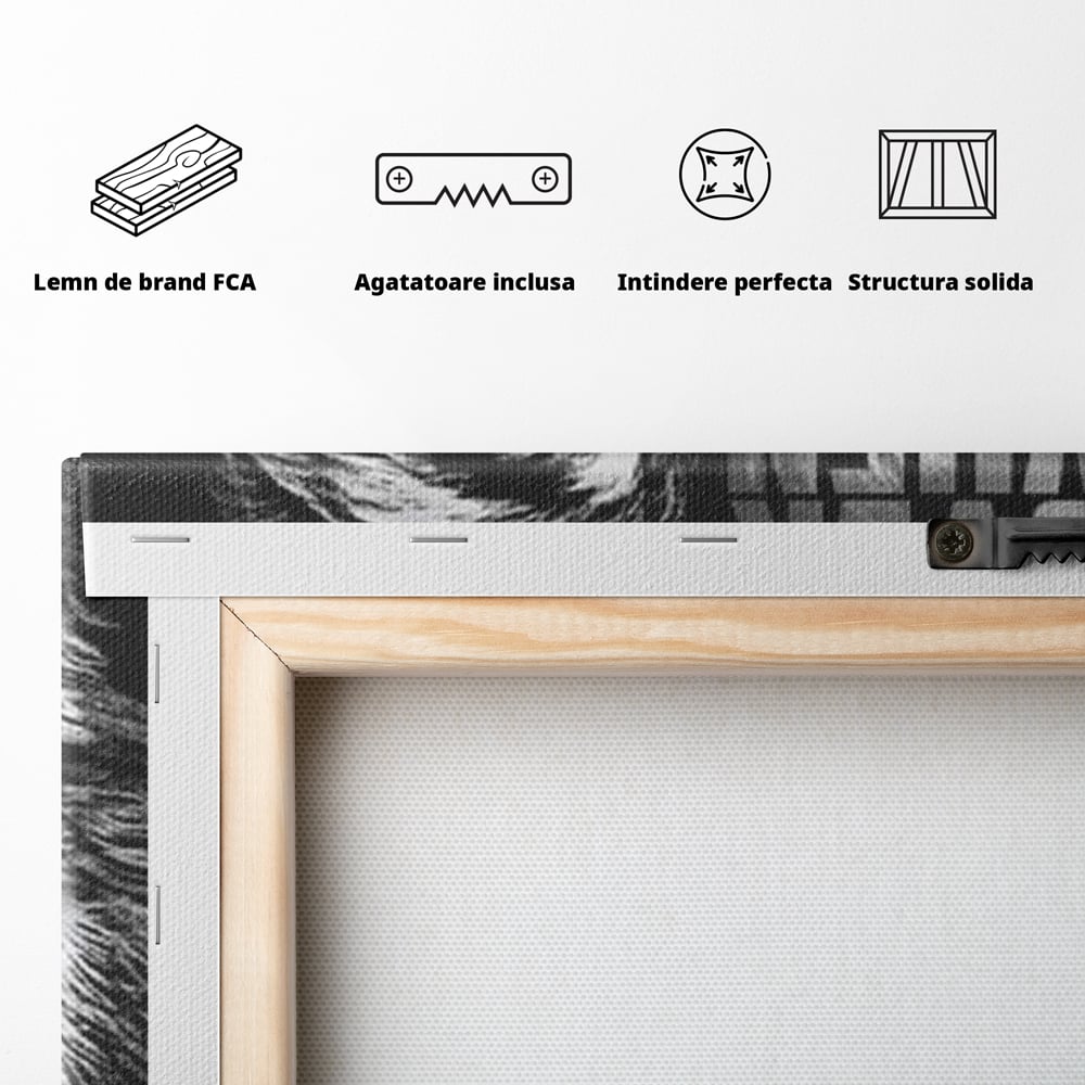 Tablou Canvas Premium, LuxCanva® Q1009, Lupta Continua,  Lup, Supravietuire, Instinct, Loialitate, Spirit, Salbatic, Portret, Alb, Negru, Privire, Chip, Sportivi, Vointa, Motivatie, Birou, Dormitor