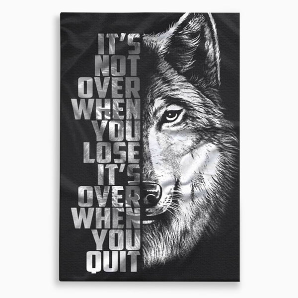 Tablou Canvas Premium, LuxCanva® Q1009, Lupta Continua,  Lup, Supravietuire, Instinct, Loialitate, Spirit, Salbatic, Portret, Alb, Negru, Privire, Chip, Sportivi, Vointa, Motivatie, Birou, Dormitor
