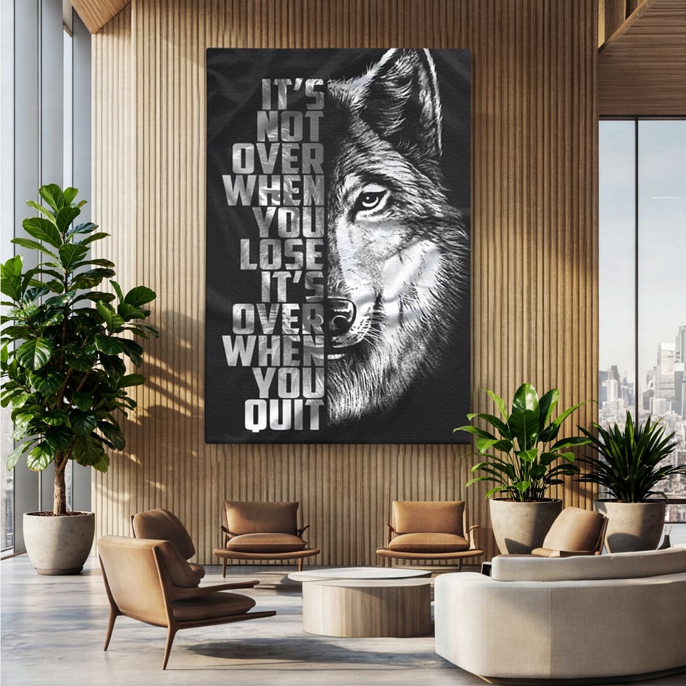 Tablou Canvas Premium, LuxCanva® Q1009, Lupta Continua,  Lup, Supravietuire, Instinct, Loialitate, Spirit, Salbatic, Portret, Alb, Negru, Privire, Chip, Sportivi, Vointa, Motivatie, Birou, Dormitor
