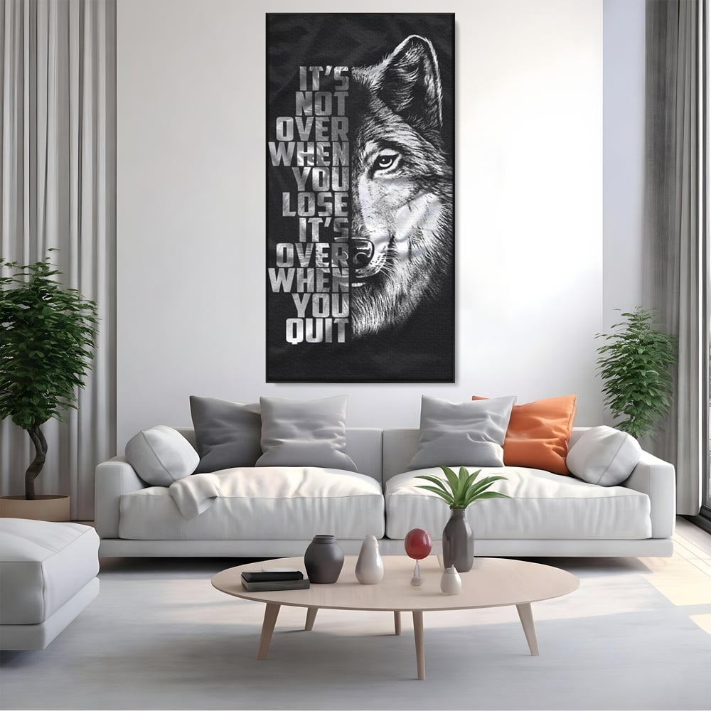 Tablou Canvas Premium, LuxCanva® Q1009, Lupta Continua,  Lup, Supravietuire, Instinct, Loialitate, Spirit, Salbatic, Portret, Alb, Negru, Privire, Chip, Sportivi, Vointa, Motivatie, Birou, Dormitor
