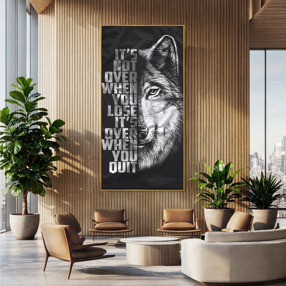 Tablou Canvas Premium, LuxCanva® Q1009, Lupta Continua,  Lup, Supravietuire, Instinct, Loialitate, Spirit, Salbatic, Portret, Alb, Negru, Privire, Chip, Sportivi, Vointa, Motivatie, Birou, Dormitor