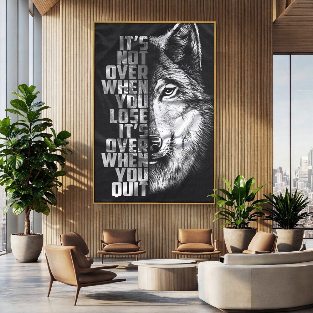 Tablou Canvas Premium, LuxCanva® Q1009, Lupta Continua,  Lup, Supravietuire, Instinct, Loialitate, Spirit, Salbatic, Portret, Alb, Negru, Privire, Chip, Sportivi, Vointa, Motivatie, Birou, Dormitor