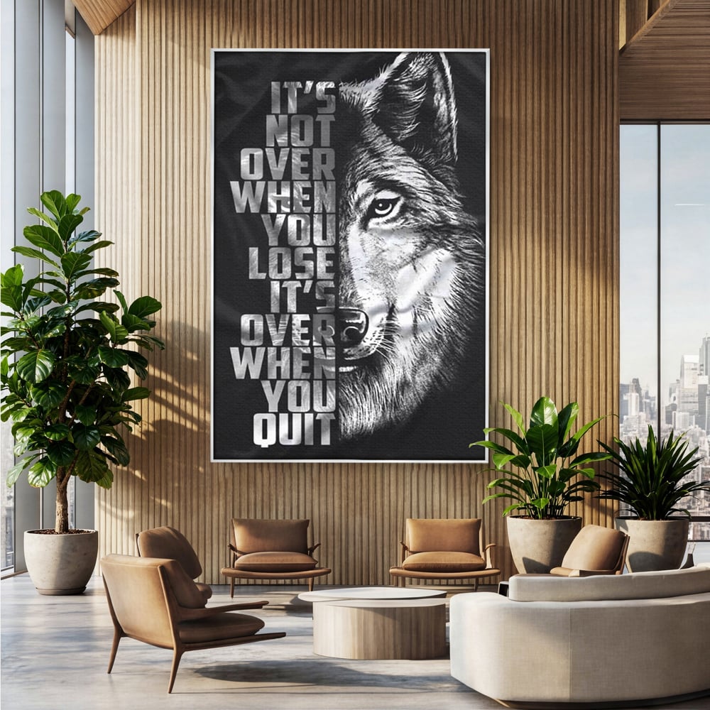 Tablou Canvas Premium, LuxCanva® Q1009, Lupta Continua,  Lup, Supravietuire, Instinct, Loialitate, Spirit, Salbatic, Portret, Alb, Negru, Privire, Chip, Sportivi, Vointa, Motivatie, Birou, Dormitor
