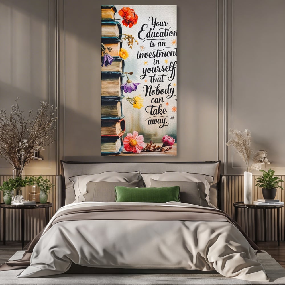 Tablou Canvas Premium, LuxCanva® Q1018, Puterea Educatiei, Carti, Cunoastere, Motivatie, Scoala, Dezvoltare, Flori, Mentor, Cultura, Succes, Birou, Dormitor