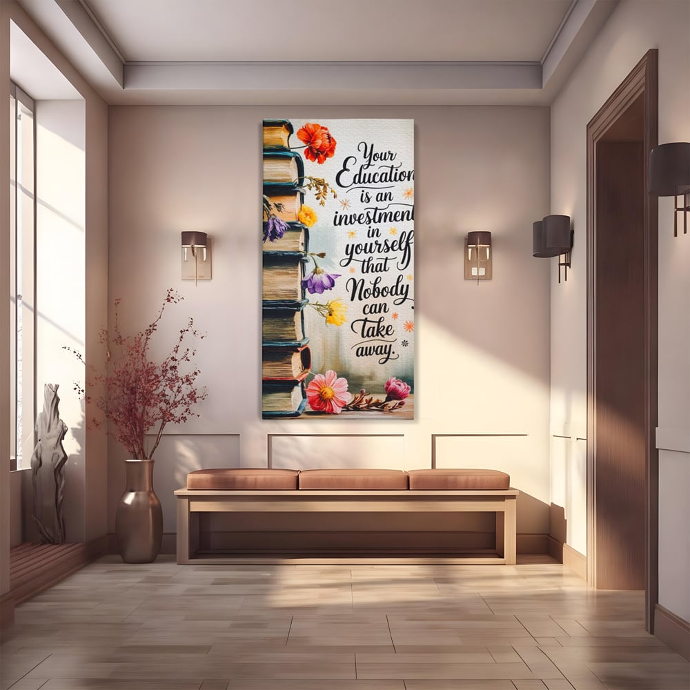 Tablou Canvas Premium, LuxCanva® Q1018, Puterea Educatiei, Carti, Cunoastere, Motivatie, Scoala, Dezvoltare, Flori, Mentor, Cultura, Succes, Birou, Dormitor