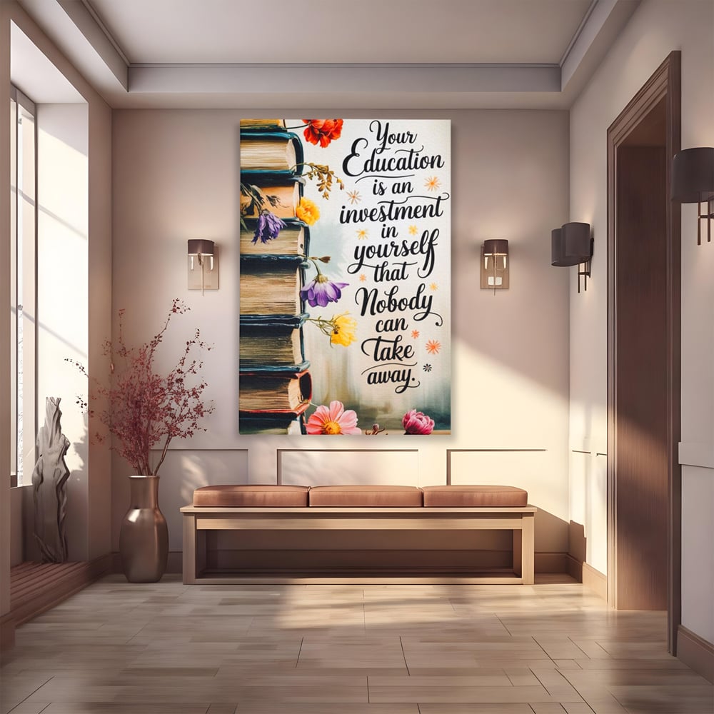 Tablou Canvas Premium, LuxCanva® Q1018, Puterea Educatiei, Carti, Cunoastere, Motivatie, Scoala, Dezvoltare, Flori, Mentor, Cultura, Succes, Birou, Dormitor