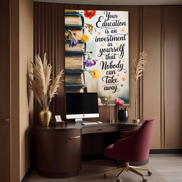 Tablou Canvas Premium, LuxCanva® Q1018, Puterea Educatiei, Carti, Cunoastere, Motivatie, Scoala, Dezvoltare, Flori, Mentor, Cultura, Succes, Birou, Dormitor