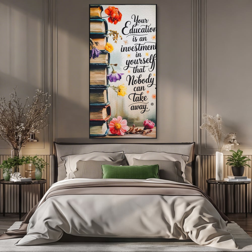 Tablou Canvas Premium, LuxCanva® Q1018, Puterea Educatiei, Carti, Cunoastere, Motivatie, Scoala, Dezvoltare, Flori, Mentor, Cultura, Succes, Birou, Dormitor