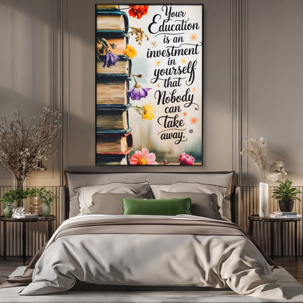 Tablou Canvas Premium, LuxCanva® Q1018, Puterea Educatiei, Carti, Cunoastere, Motivatie, Scoala, Dezvoltare, Flori, Mentor, Cultura, Succes, Birou, Dormitor