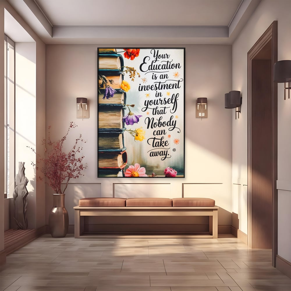 Tablou Canvas Premium, LuxCanva® Q1018, Puterea Educatiei, Carti, Cunoastere, Motivatie, Scoala, Dezvoltare, Flori, Mentor, Cultura, Succes, Birou, Dormitor