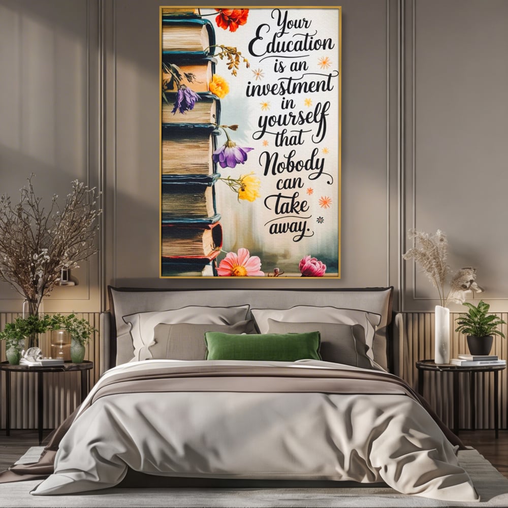 Tablou Canvas Premium, LuxCanva® Q1018, Puterea Educatiei, Carti, Cunoastere, Motivatie, Scoala, Dezvoltare, Flori, Mentor, Cultura, Succes, Birou, Dormitor