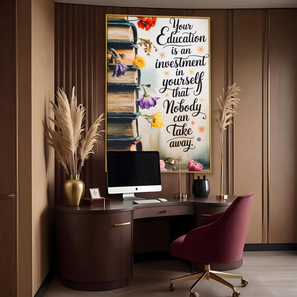 Tablou Canvas Premium, LuxCanva® Q1018, Puterea Educatiei, Carti, Cunoastere, Motivatie, Scoala, Dezvoltare, Flori, Mentor, Cultura, Succes, Birou, Dormitor