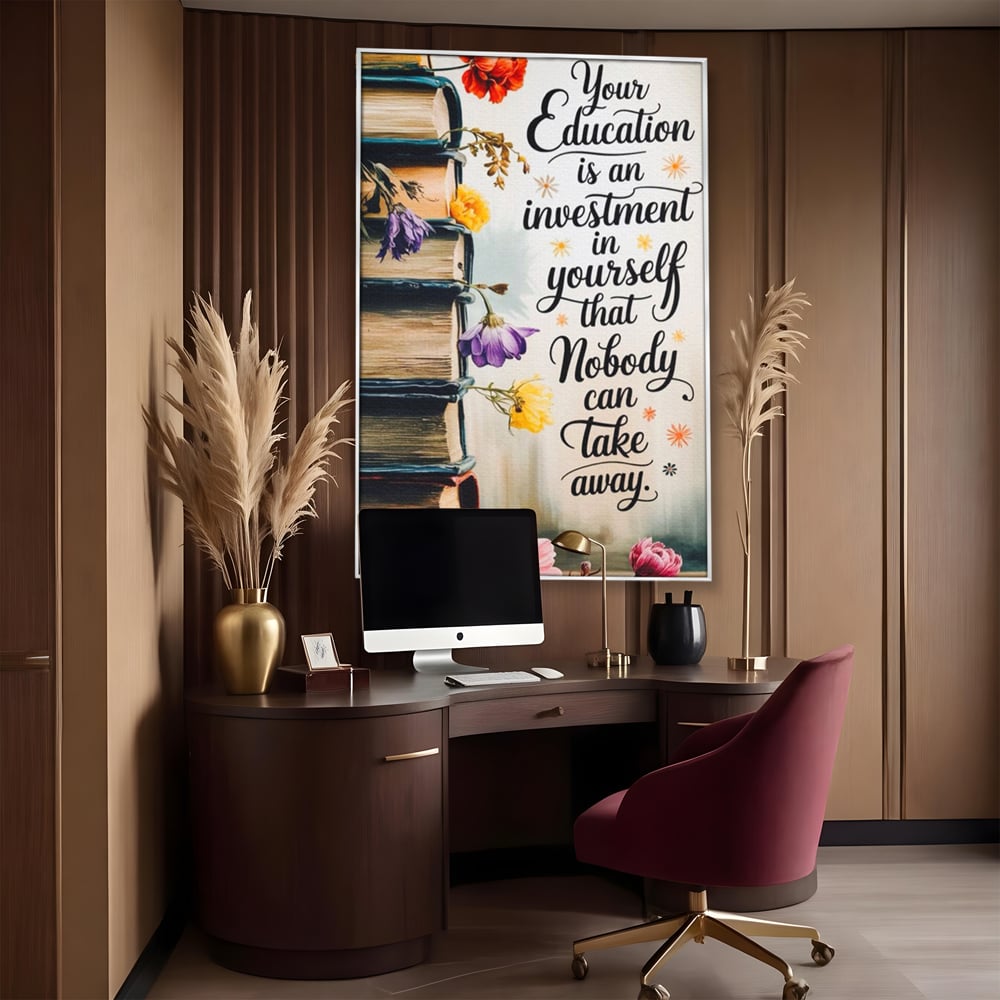 Tablou Canvas Premium, LuxCanva® Q1018, Puterea Educatiei, Carti, Cunoastere, Motivatie, Scoala, Dezvoltare, Flori, Mentor, Cultura, Succes, Birou, Dormitor