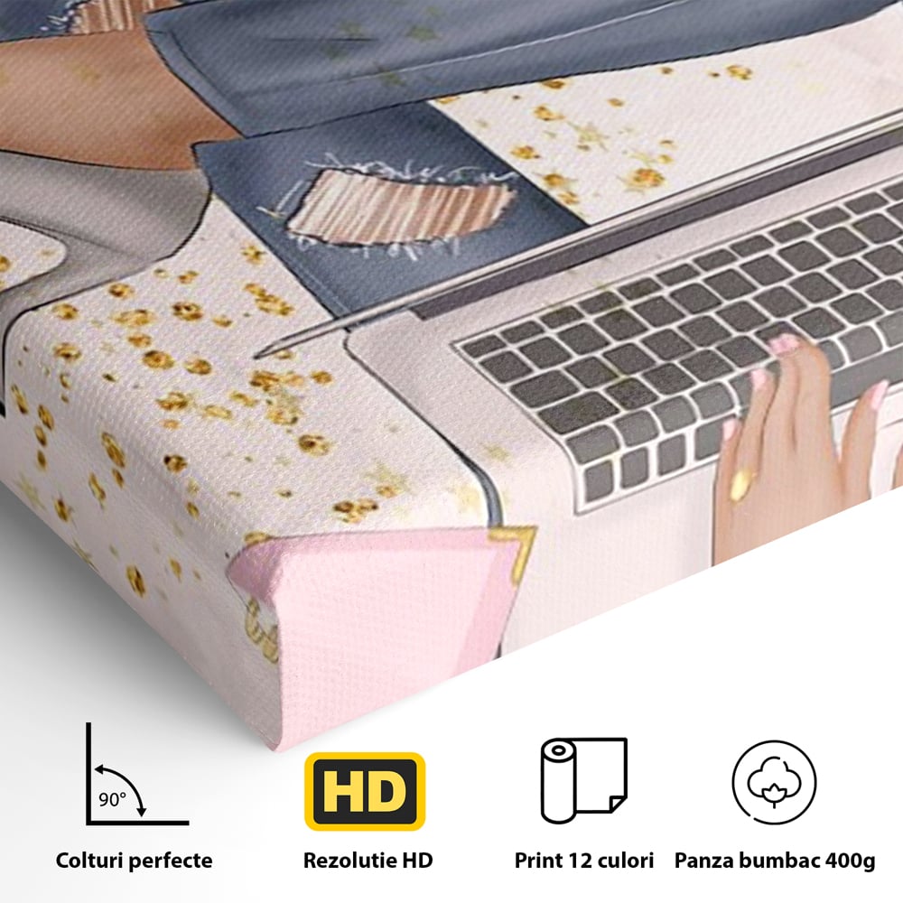 Tablou Canvas Premium, LuxCanva® Q1019, Ambitie cu Stil, Plan, Vis, Cariera, Business, Laptop, Cafea, Munca, Motivational, Feminin, Birou, Dormitor