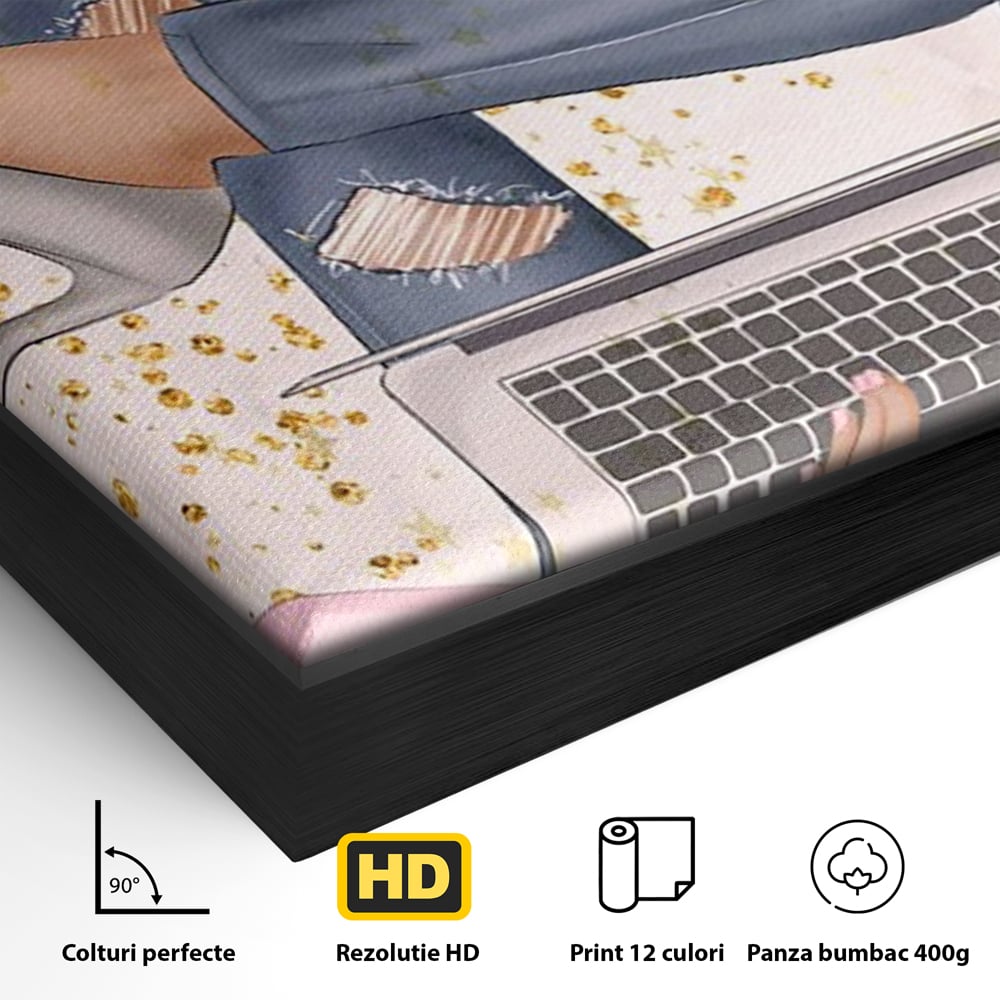 Tablou Canvas Premium, LuxCanva® Q1019, Ambitie cu Stil, Plan, Vis, Cariera, Business, Laptop, Cafea, Munca, Motivational, Feminin, Birou, Dormitor