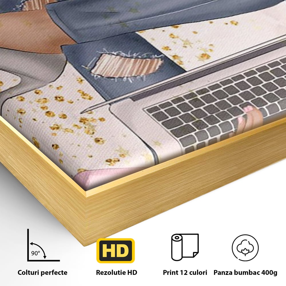 Tablou Canvas Premium, LuxCanva® Q1019, Ambitie cu Stil, Plan, Vis, Cariera, Business, Laptop, Cafea, Munca, Motivational, Feminin, Birou, Dormitor