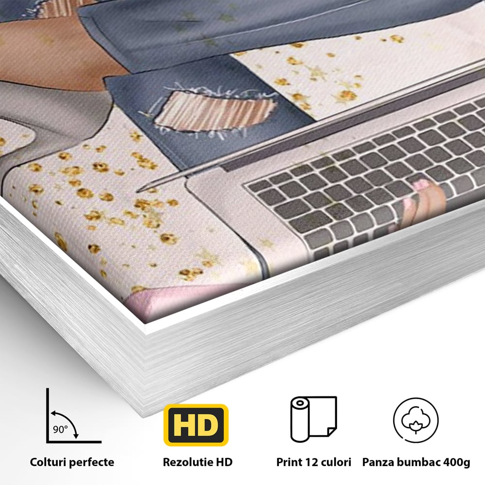 Tablou Canvas Premium, LuxCanva® Q1019, Ambitie cu Stil, Plan, Vis, Cariera, Business, Laptop, Cafea, Munca, Motivational, Feminin, Birou, Dormitor